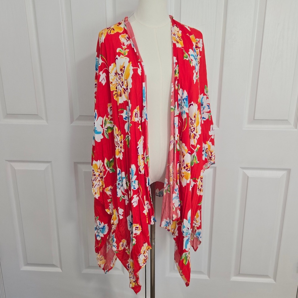 Veveret Kimono Cardigan Women Large Red Floral Tropical Open Front Boho Layer